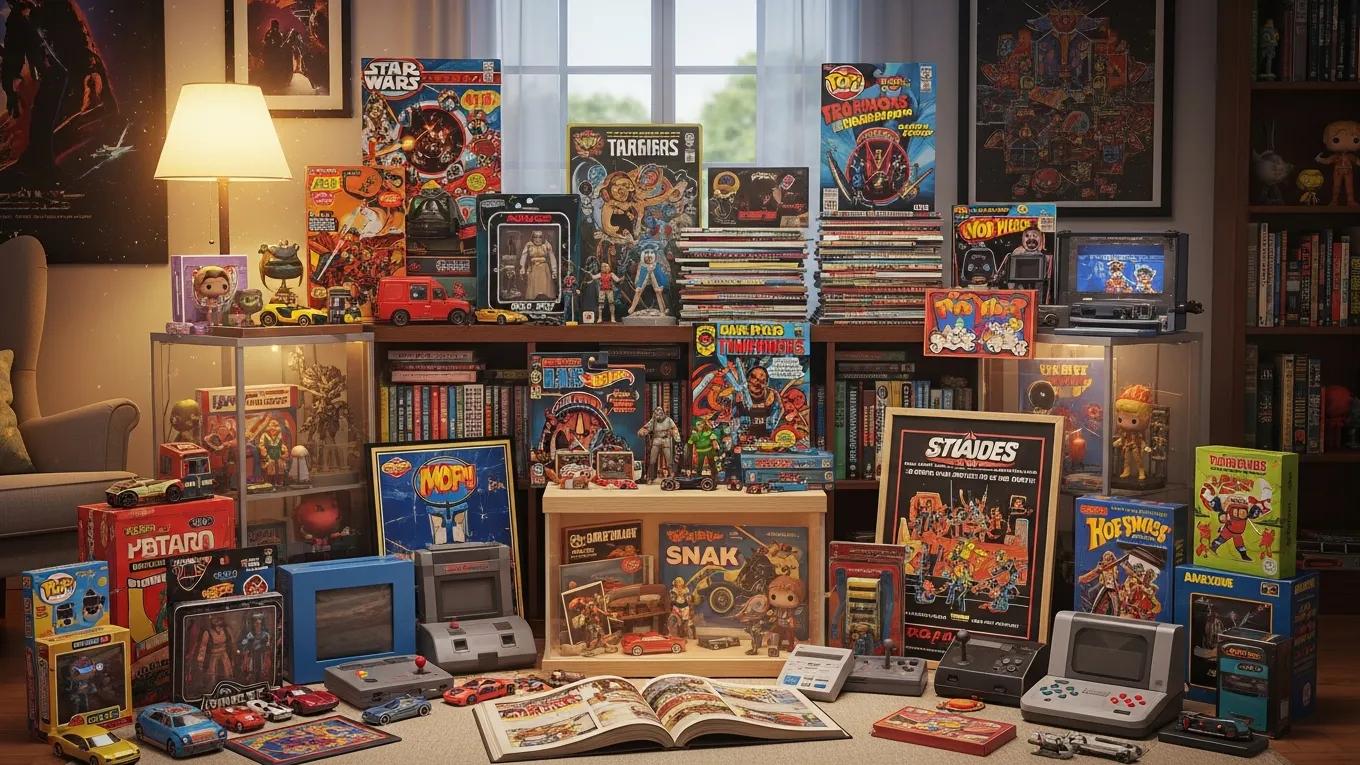 Diverse pop culture collectibles including toys, comic books, and video games reflecting current trends