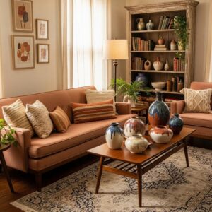 A curated mix of vintage furniture and pottery arranged in a warm, lived-in setting