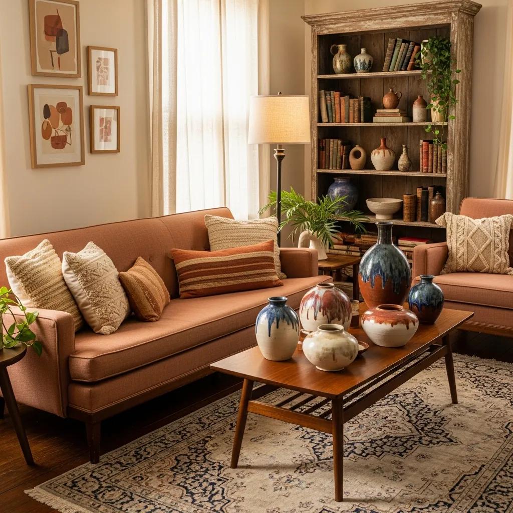 A curated mix of vintage furniture and pottery arranged in a warm, lived-in setting