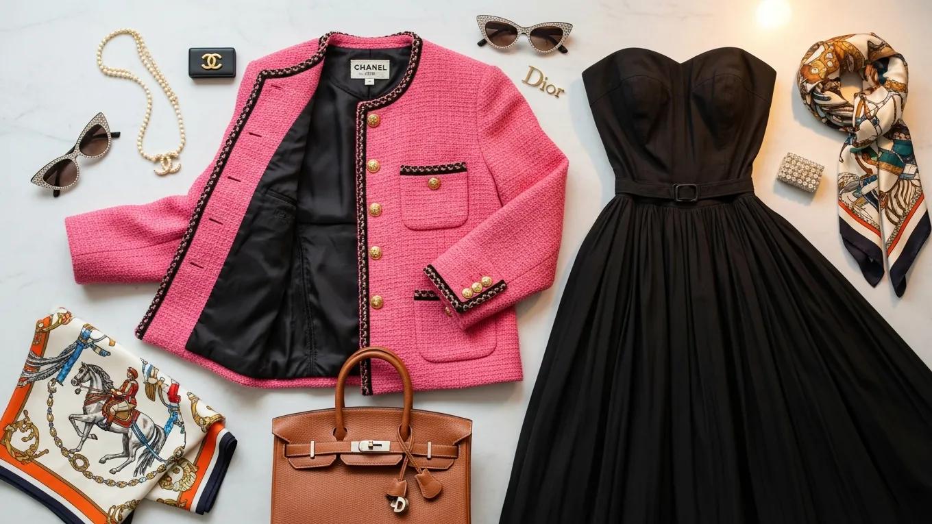 Flat lay of iconic vintage pieces from Chanel, Dior and Hermès