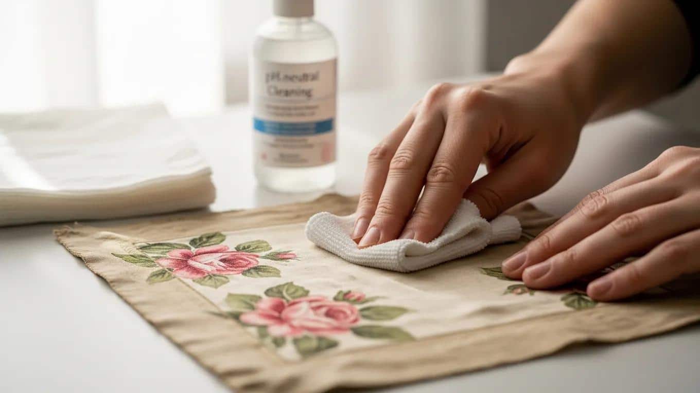 Conservator carefully cleaning an antique textile with gentle solutions and conservation tools