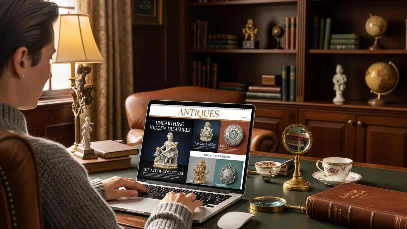 Person using a laptop in a home office with antique decor