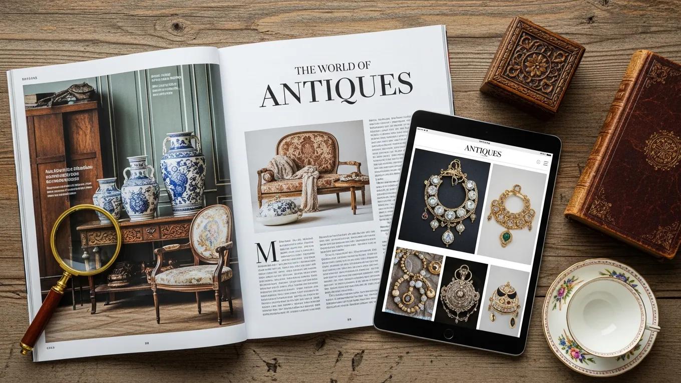 Print magazine and tablet showcasing antiques content