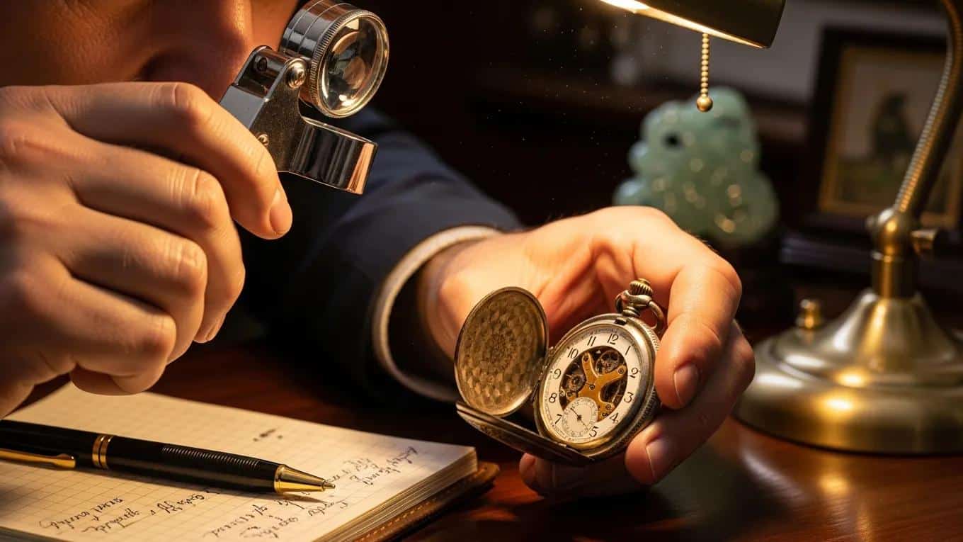 Professional appraiser examining an antique item with tools on a wooden table