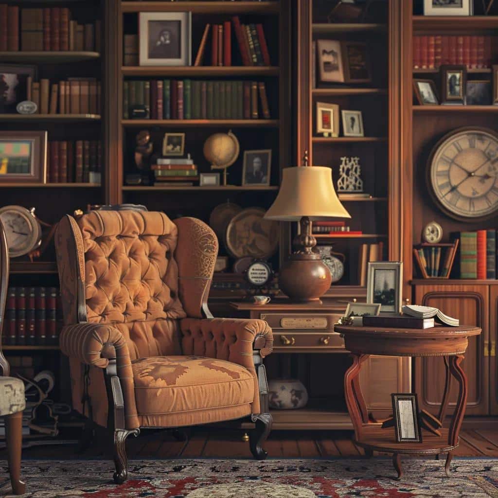 A collection of antique items and reference books in a cozy setting, representing resources for collectors
