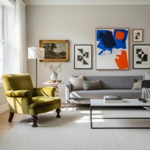 Living room showcasing a blend of antique and contemporary furniture styles