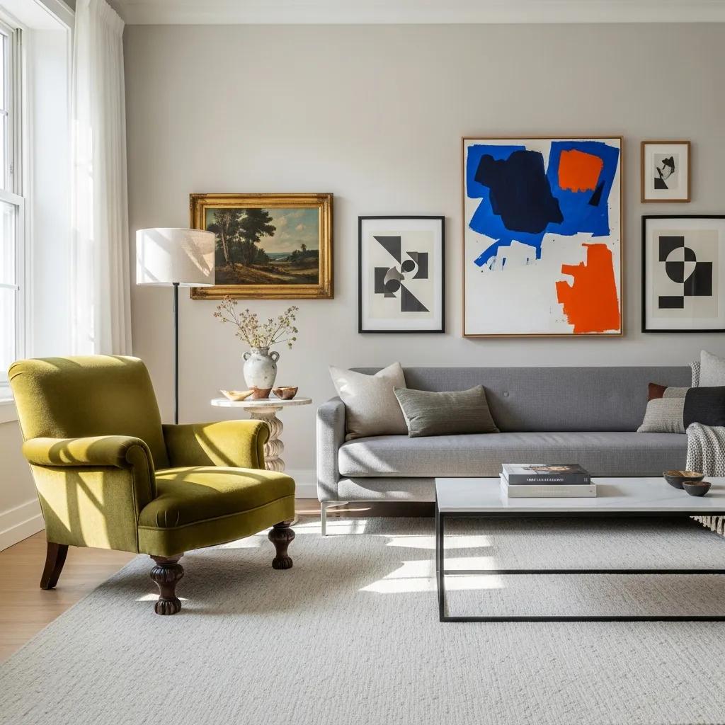 Living room showcasing a blend of antique and contemporary furniture styles