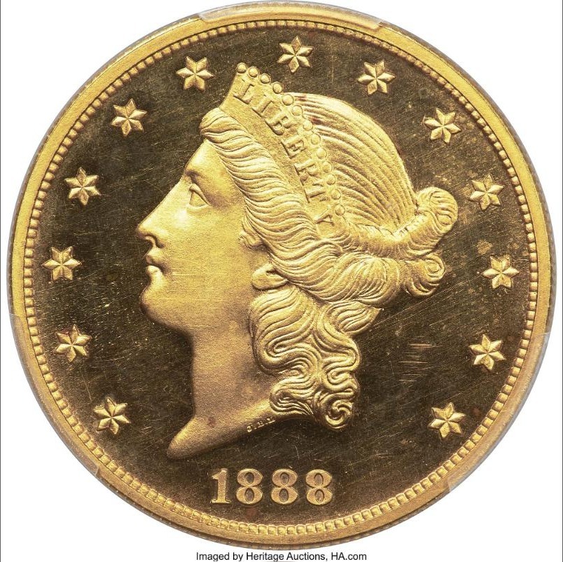 An 1888 $20 Liberty Head proof gold coin