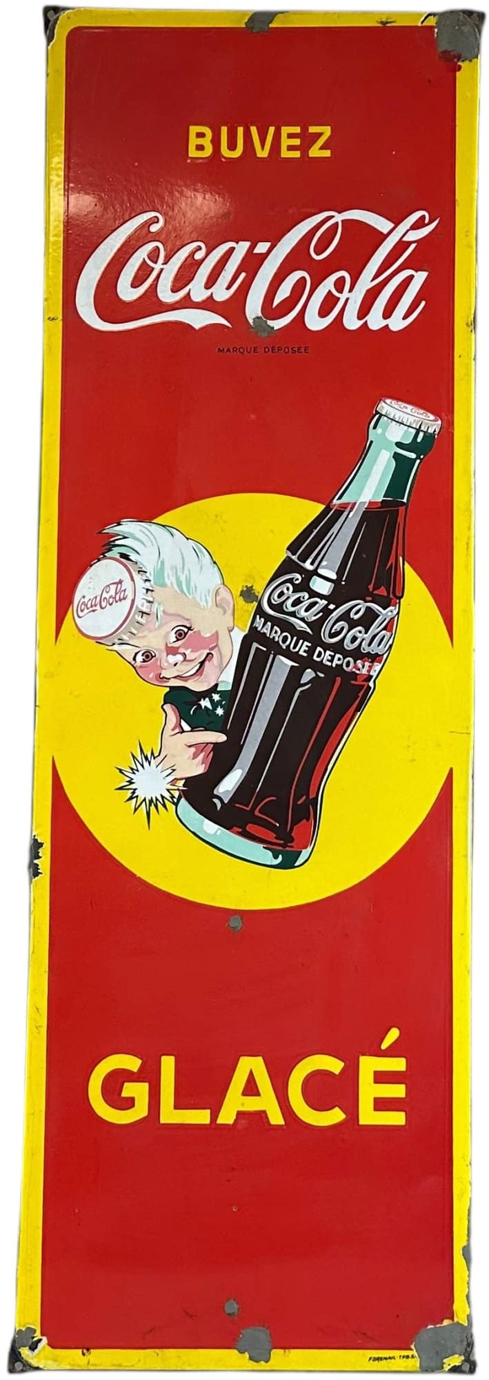 Vertical Canadian Coca-Cola porcelain sign featuring the Sprite Boy character, 54 by 18 inches