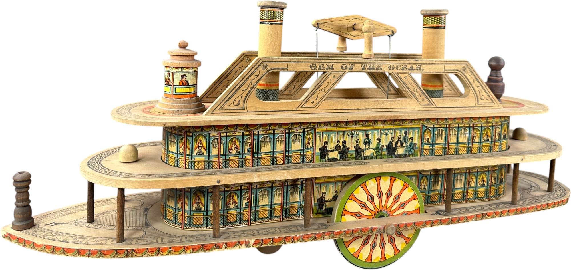 Reed Gem of the Ocean toy riverboat, nearly 30 inches long, paper-lithographed wood, pristine condition