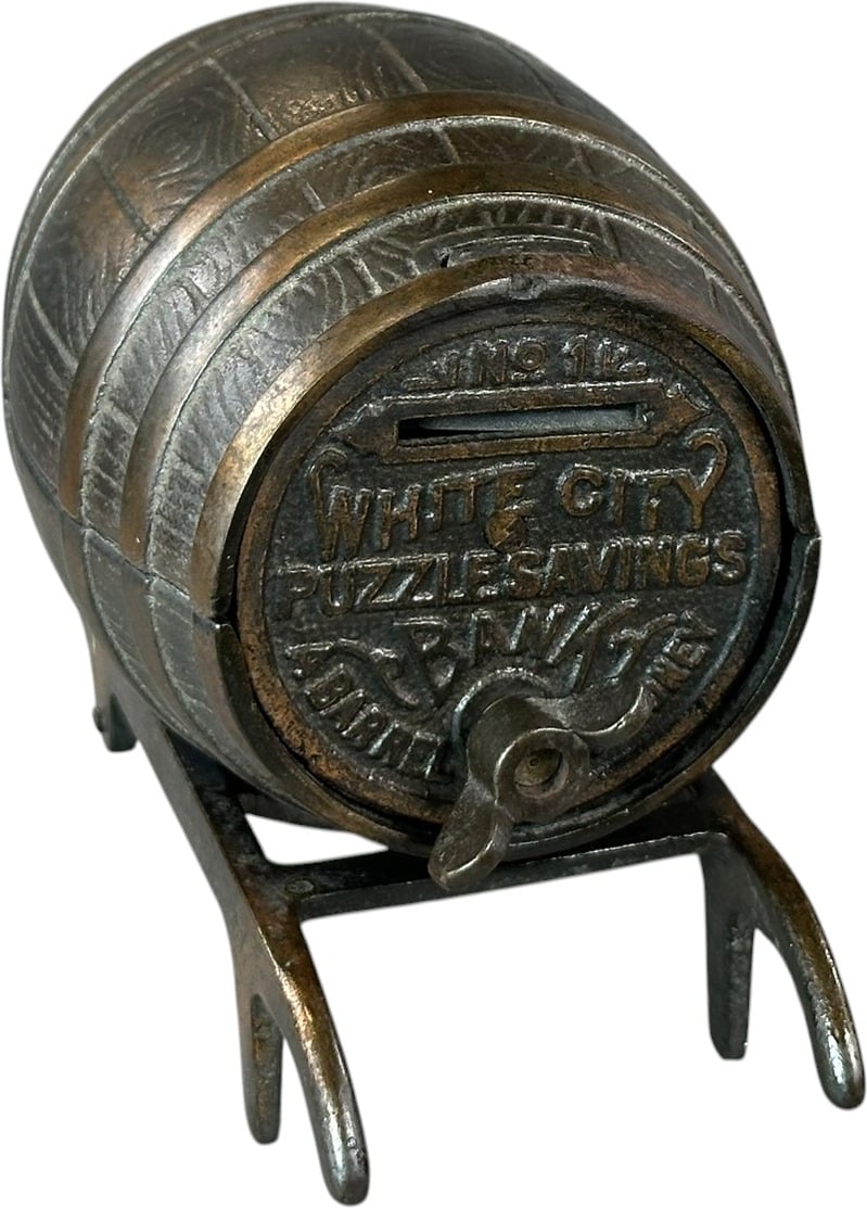 White City barrel-on-cart still bank by Nicol and Co Mfg, 5.5 inches tall