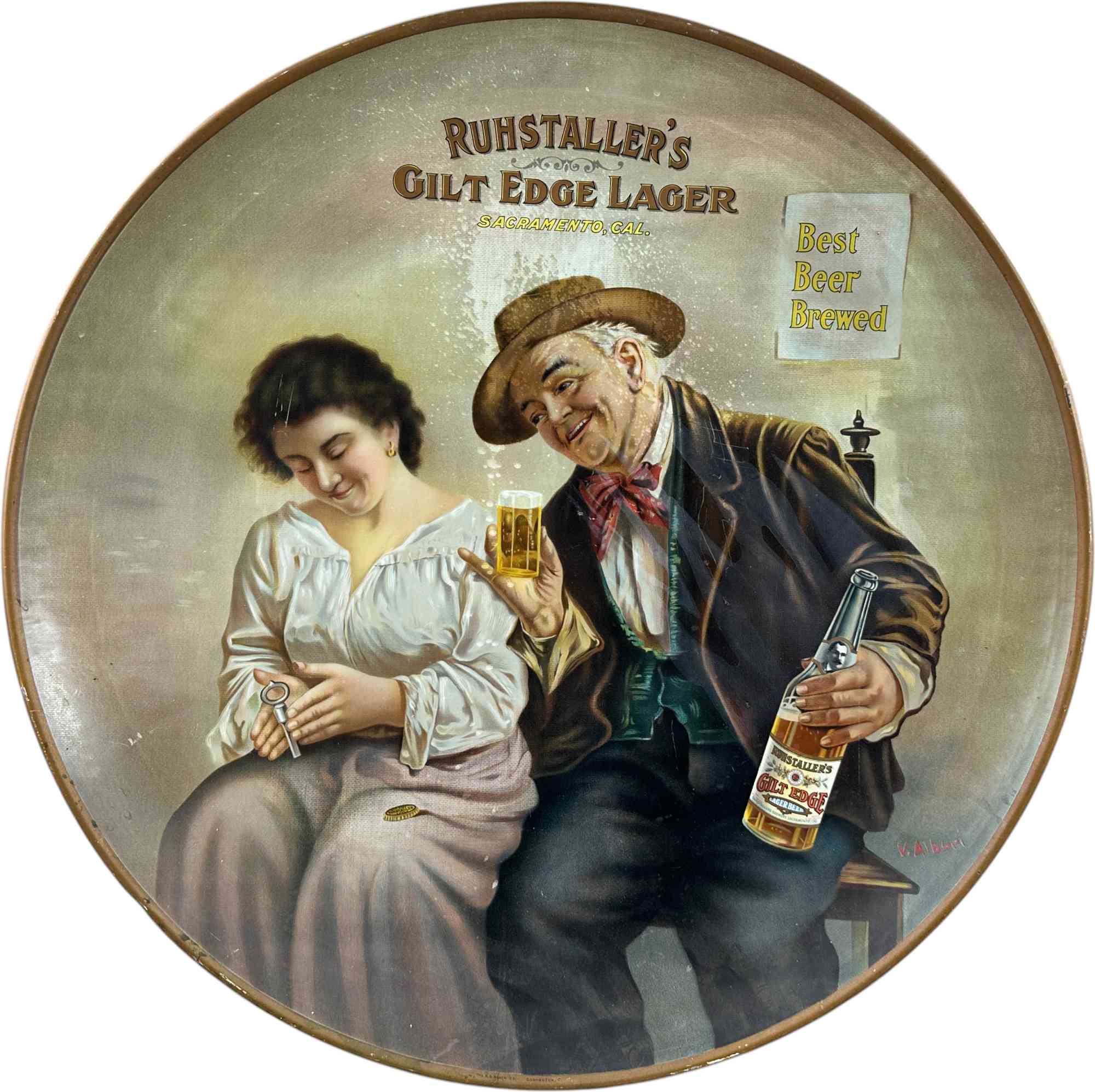 Ruhstallers Lager gilt-edge advertising beer tray, signed V.A. Blom, 25 inches long
