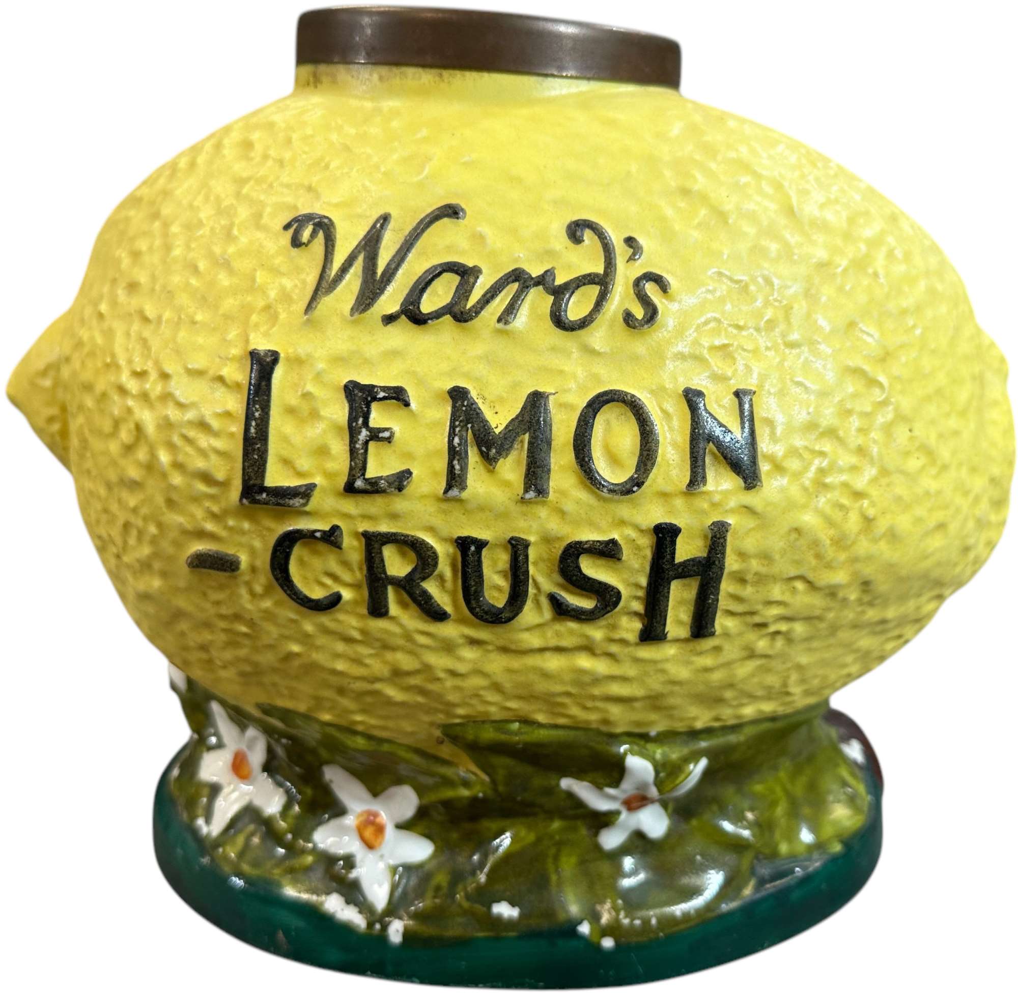 Wards Lemon-Crush ceramic soda fountain syrup dispenser molded as an oversize lemon