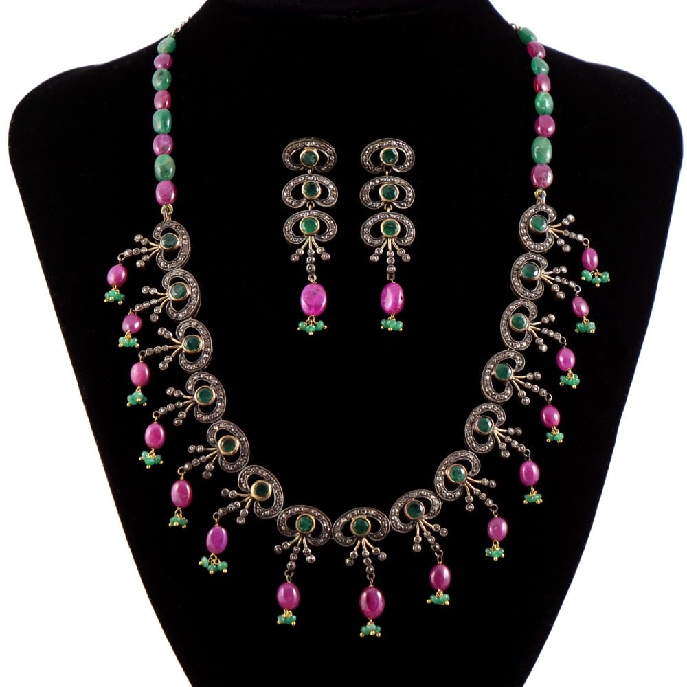 3-piece antique emerald, ruby and diamond demi-parure