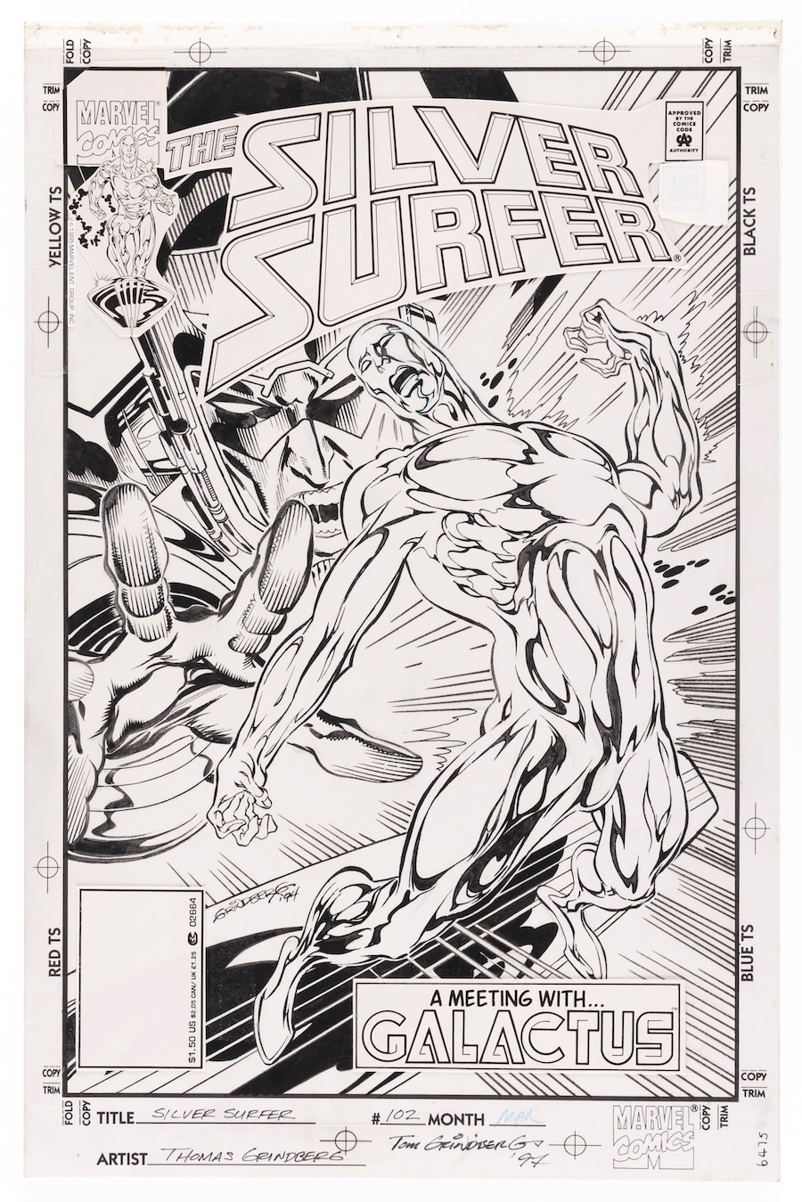Lot 115: Tom Grindberg, original cover art for Silver Surfer Vol. 3 #102, Marvel Comics, March 1995