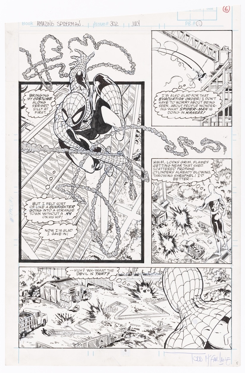Lot 161: Todd McFarlane, original pen-and-ink art for Amazing Spider-Man #302, Marvel Comics, July 1988