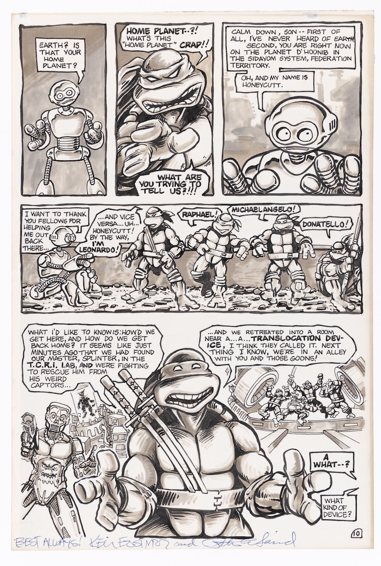 Lot 18: Kevin Eastman and Peter Laird, original pen-and-ink art for Teenage Mutant Ninja Turtles #5, Mirage Studios, 1985
