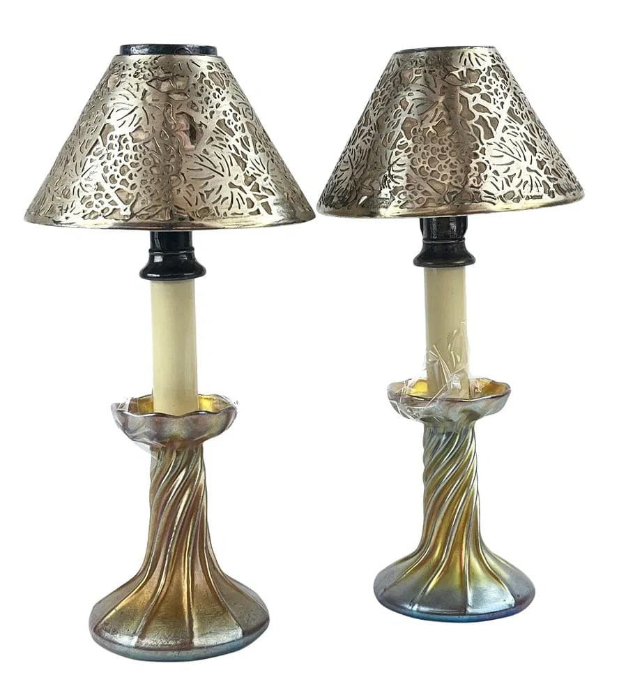 Pair of Tiffany Studios Favrile glass candle lamps with Grapevine shades, circa 1905-1915