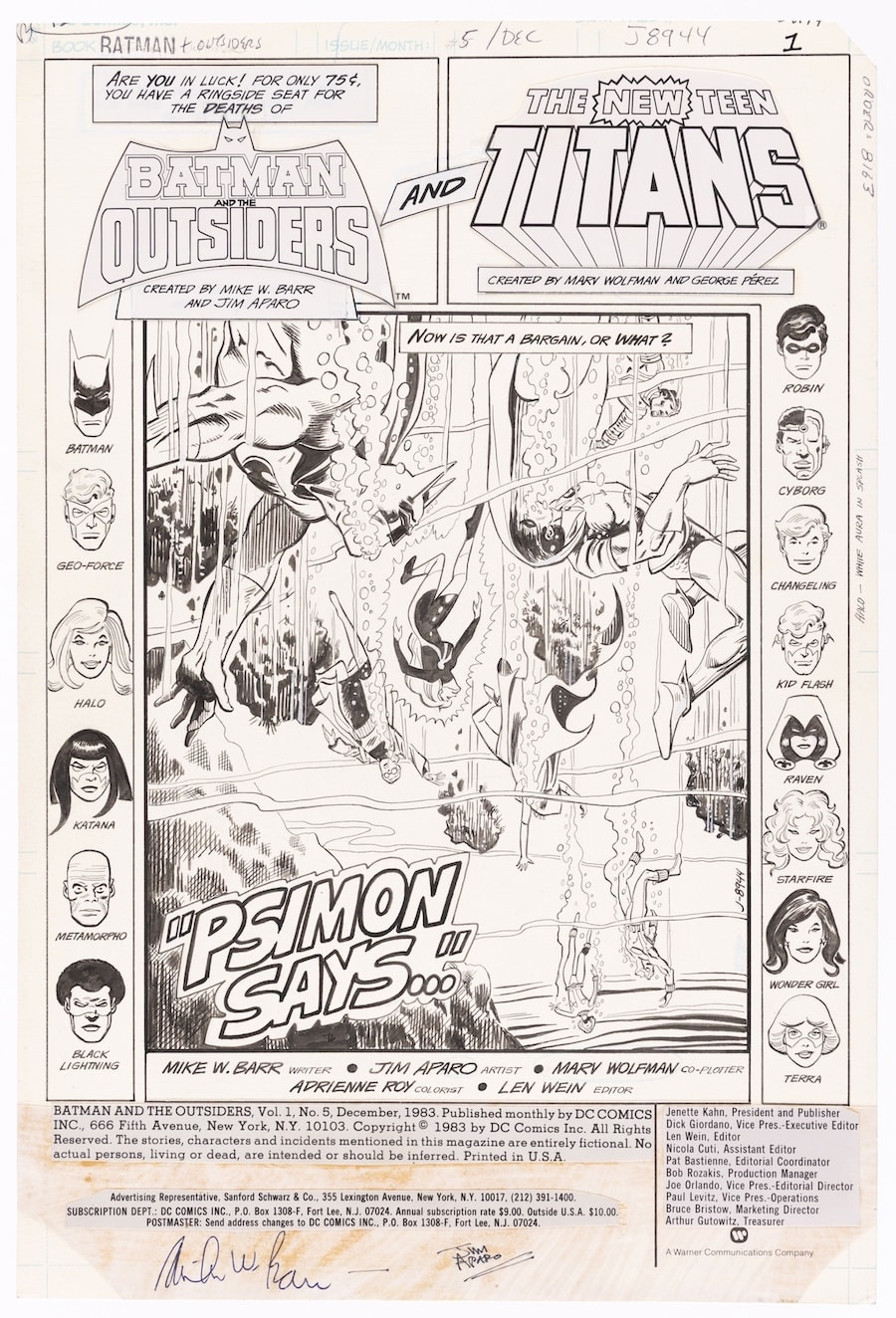 Lot 81: Jim Aparo, original pen-and-ink art for Batman And The Outsiders #5, DC Comics, Dec. 1983