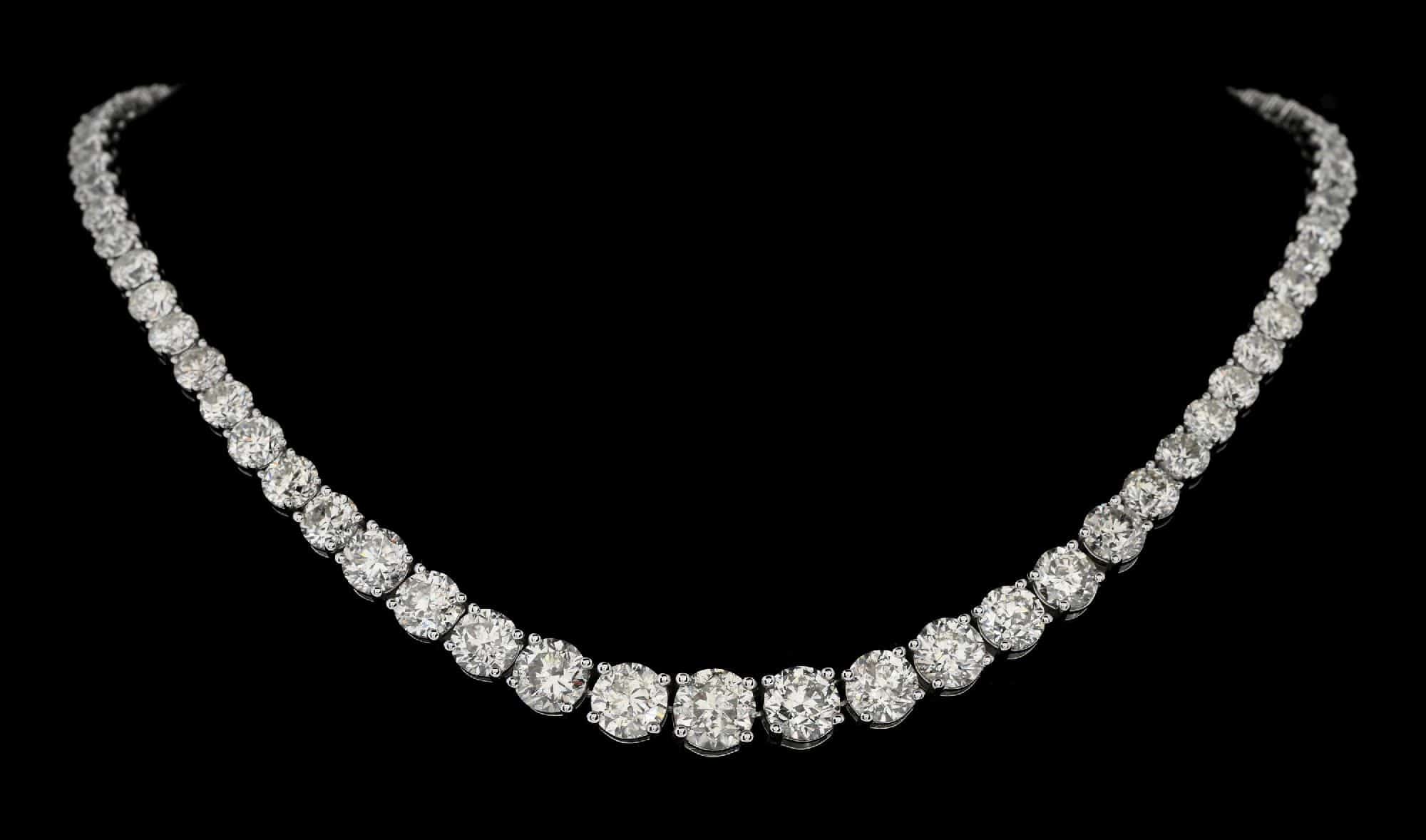 Platinum graduated natural diamond statement necklace, 57.58 carats