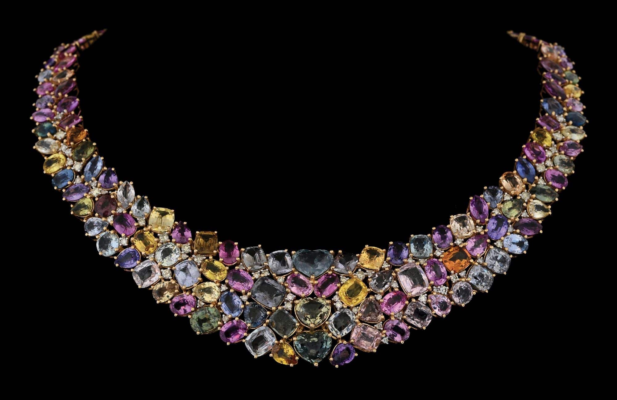 14K yellow gold multi-color sapphire and diamond statement necklace