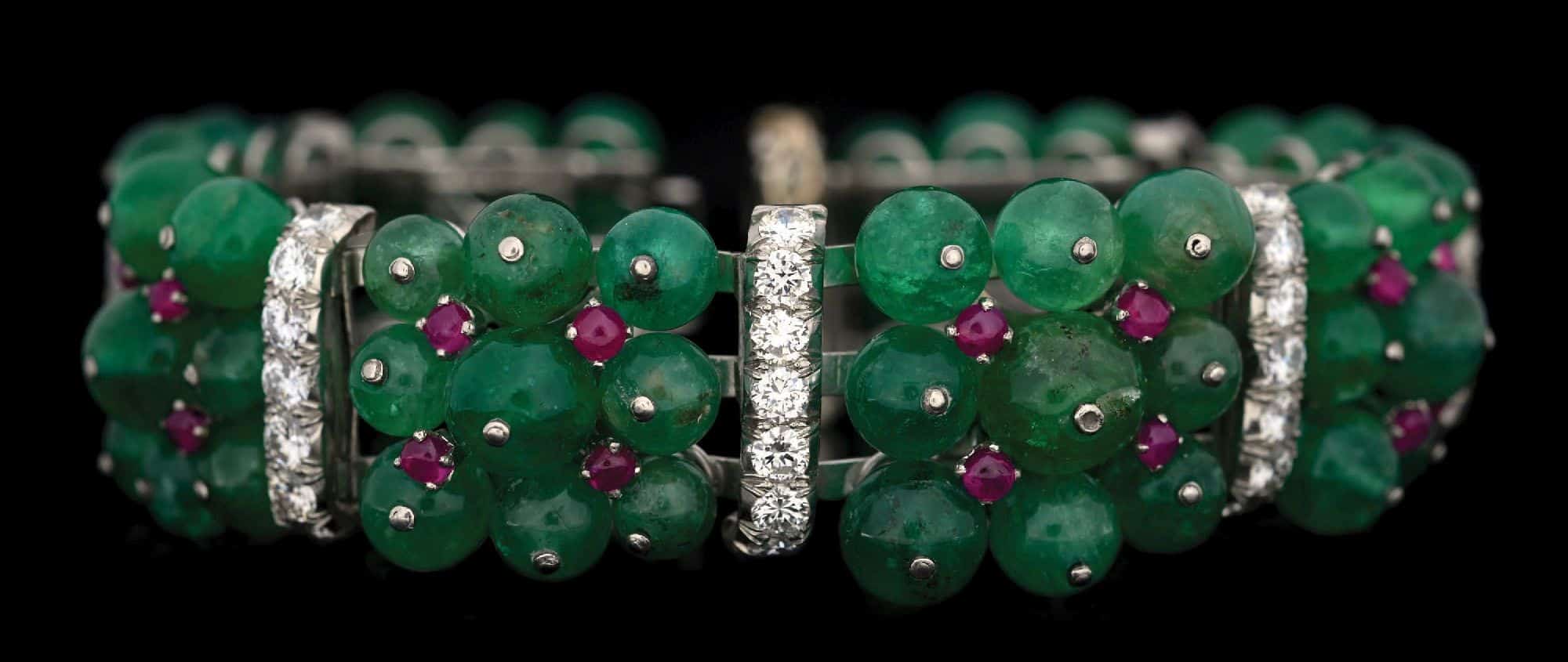 David Webb 18K white gold and platinum emerald, ruby and diamond bracelet