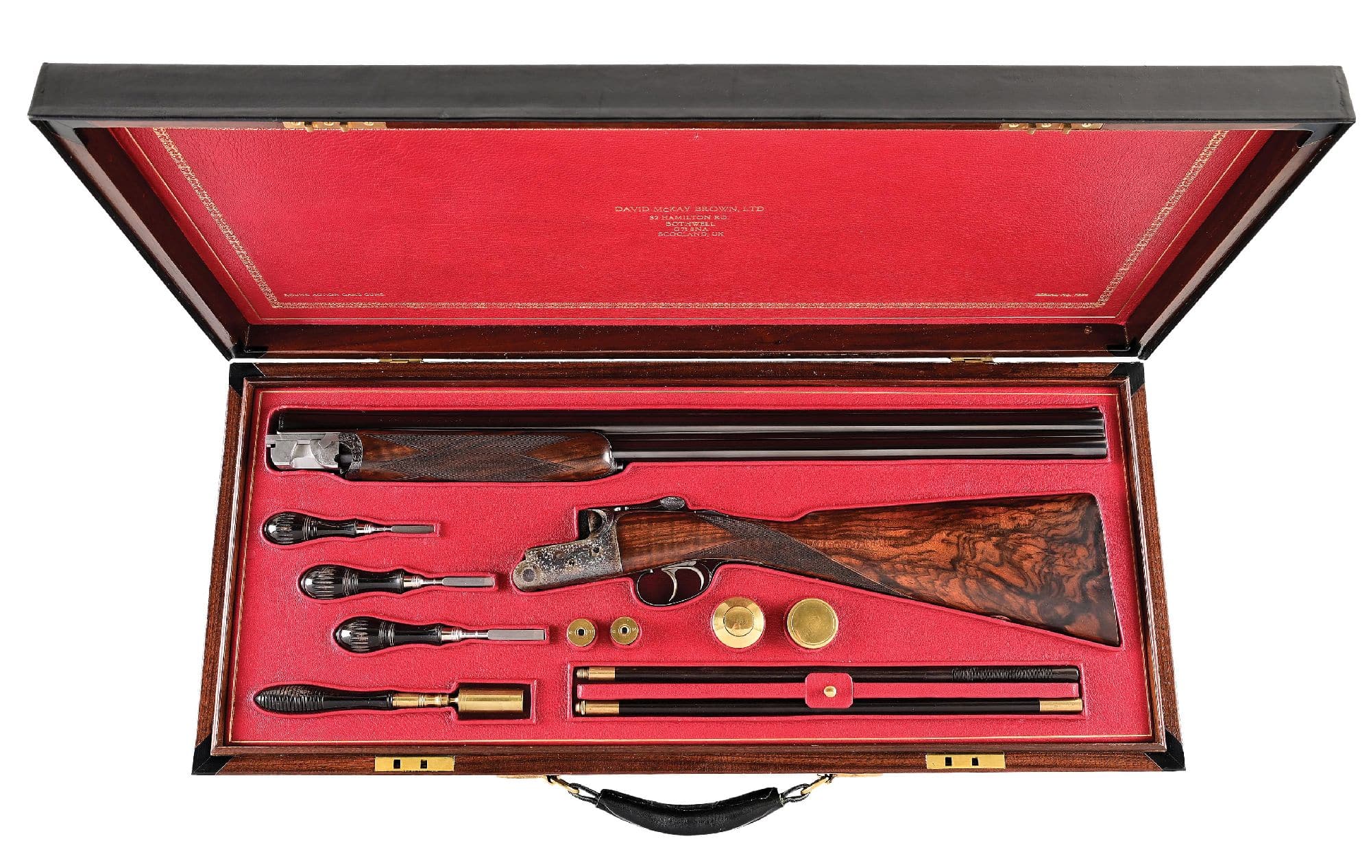 David McKay Brown 12 bore over/under shotgun with accessories and case