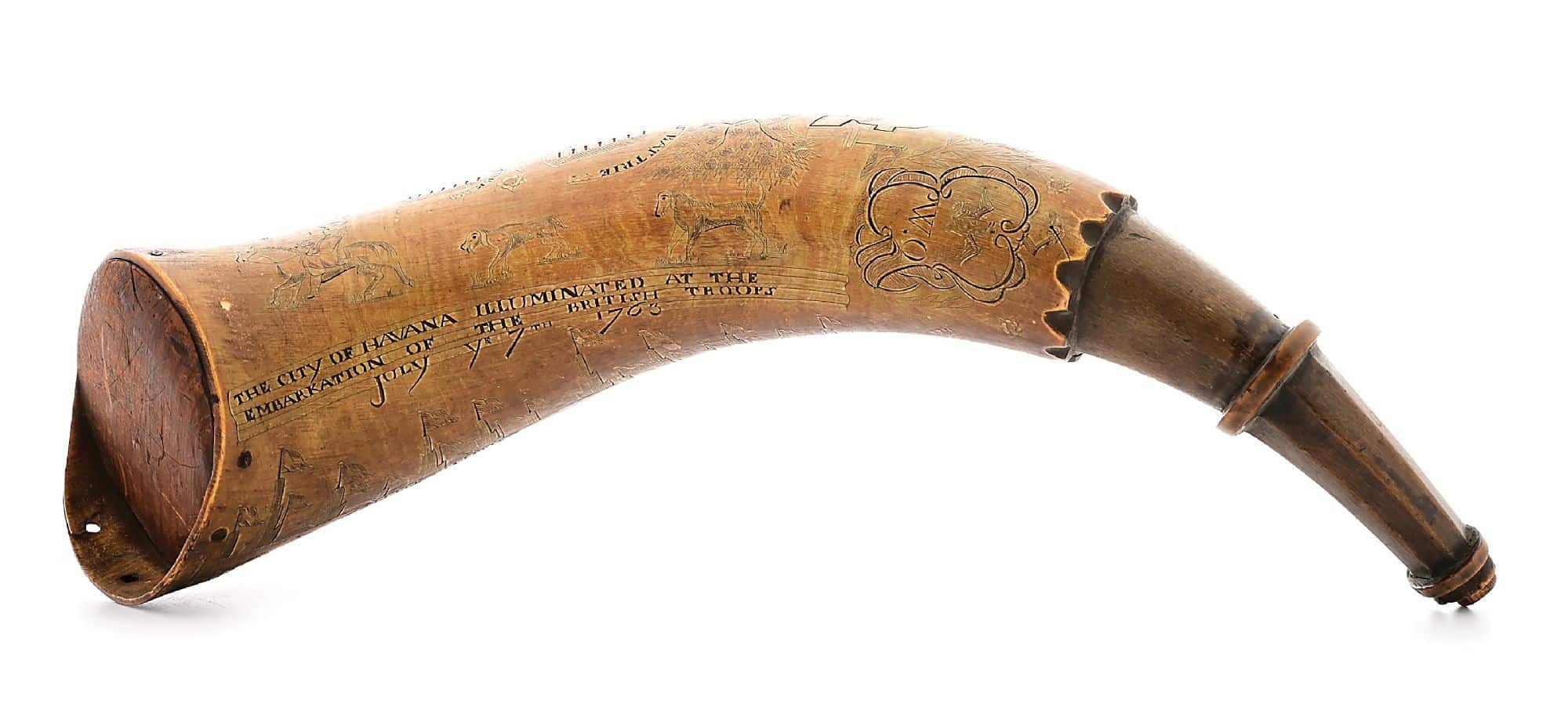 Rare engraved Havana map powder horn dated July 7, 1763