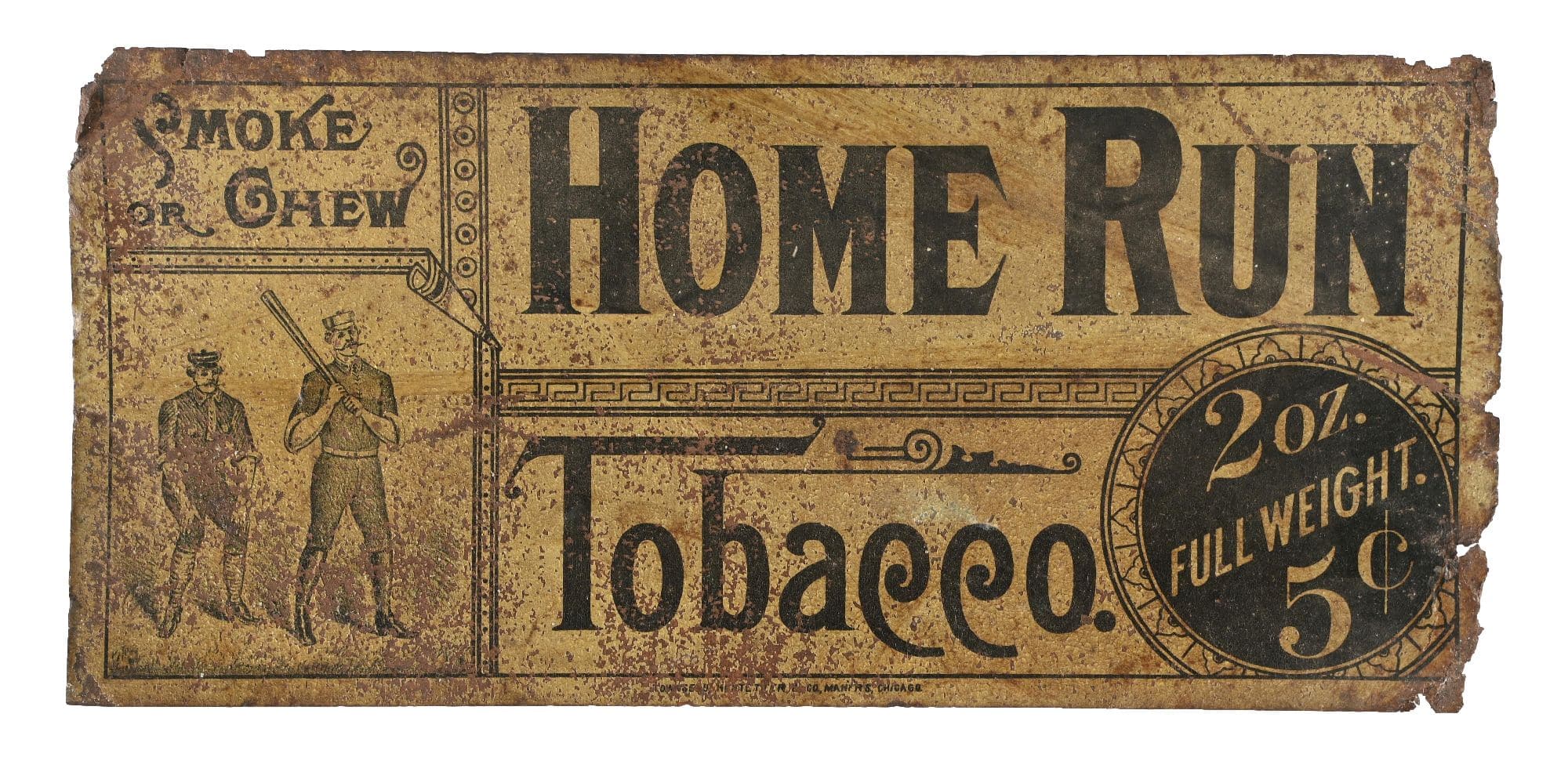 Circa-1880s Home Run Tobacco single-sided tin sign, 14in x 6.5in
