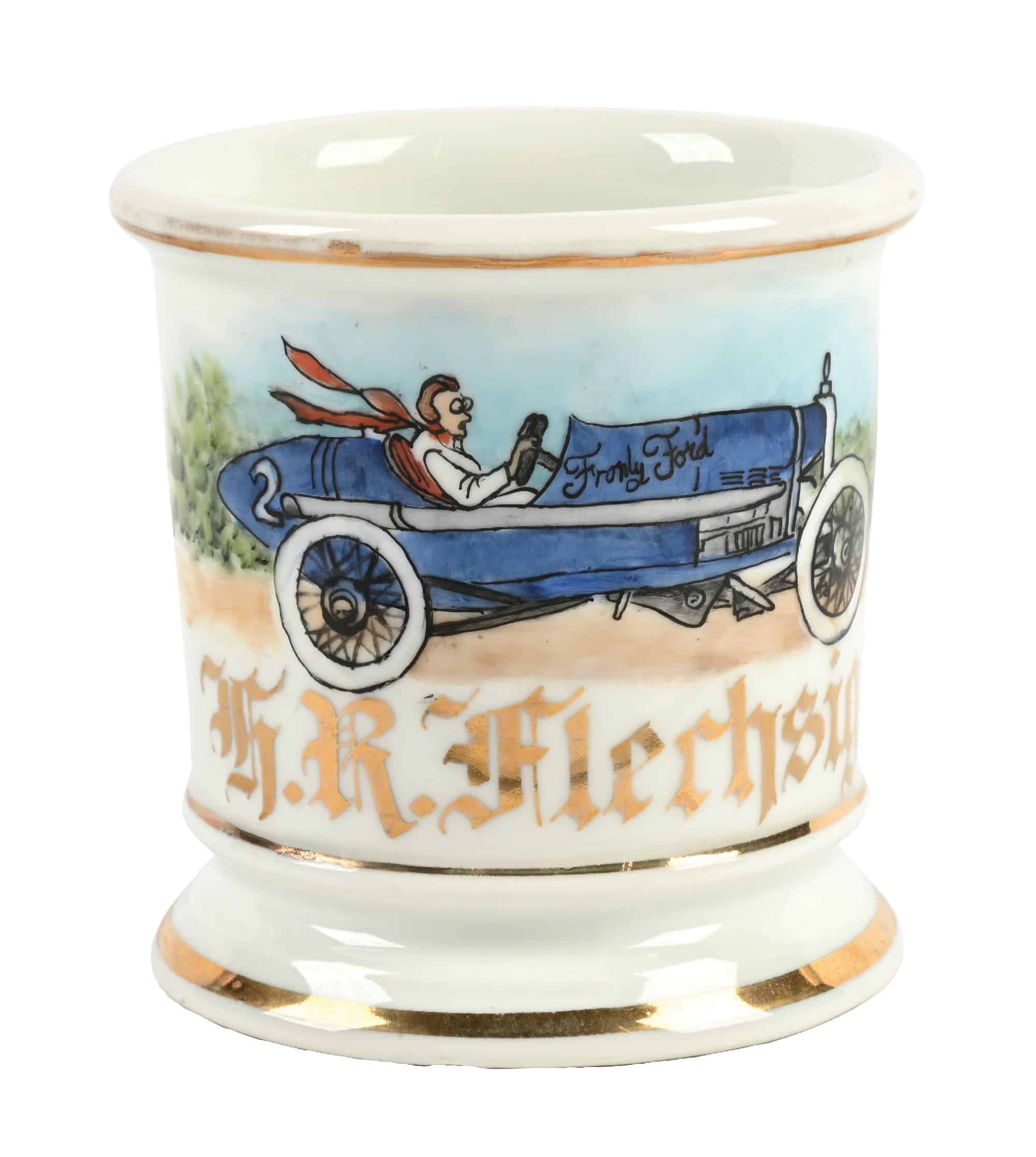 Race car driver's shaving mug with Froply Ford racer image and F R Flerhsig in gilt lettering