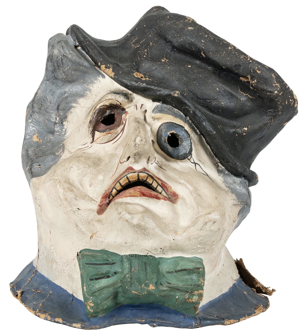 Lot 71: Papier-mache carnival head with hat and monocle, American Mask Manufacturing Company