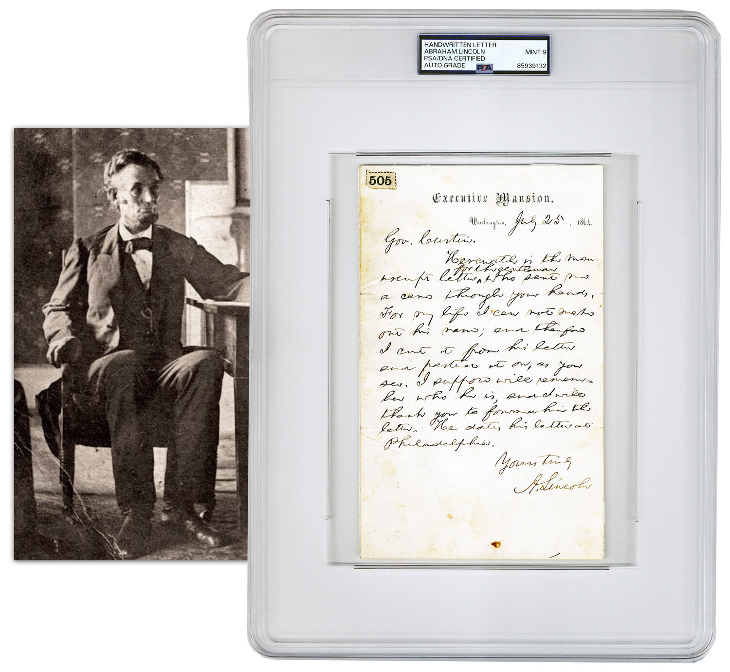 Abraham Lincoln autograph letter signed, July 25, 1864, PSA Mint 9