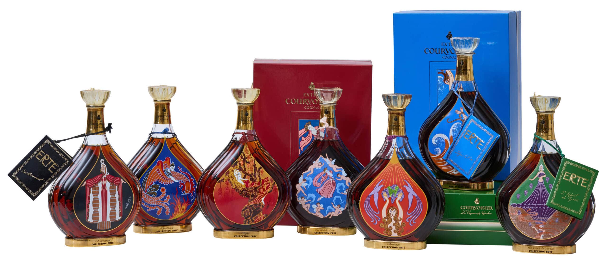 Collection of seven Courvoisier cognac bottles by Erté (1892-1990)