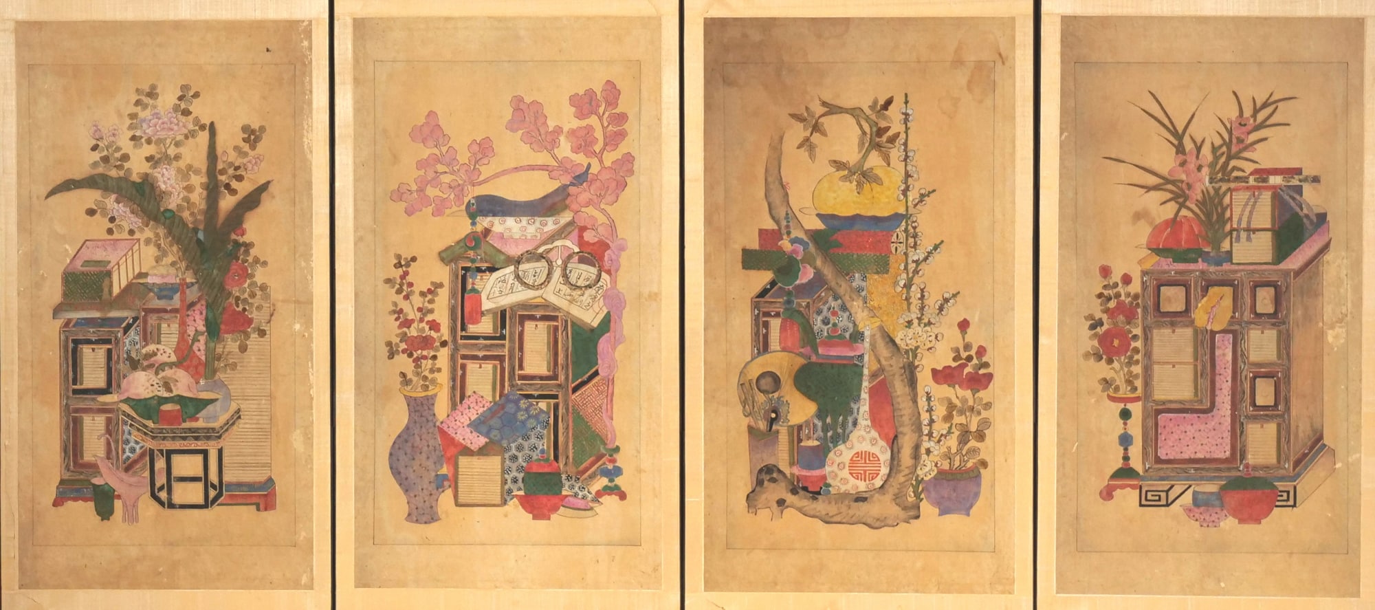 19th/20th century Korean School Chaekgeori four-panel screen, ink and color on paper