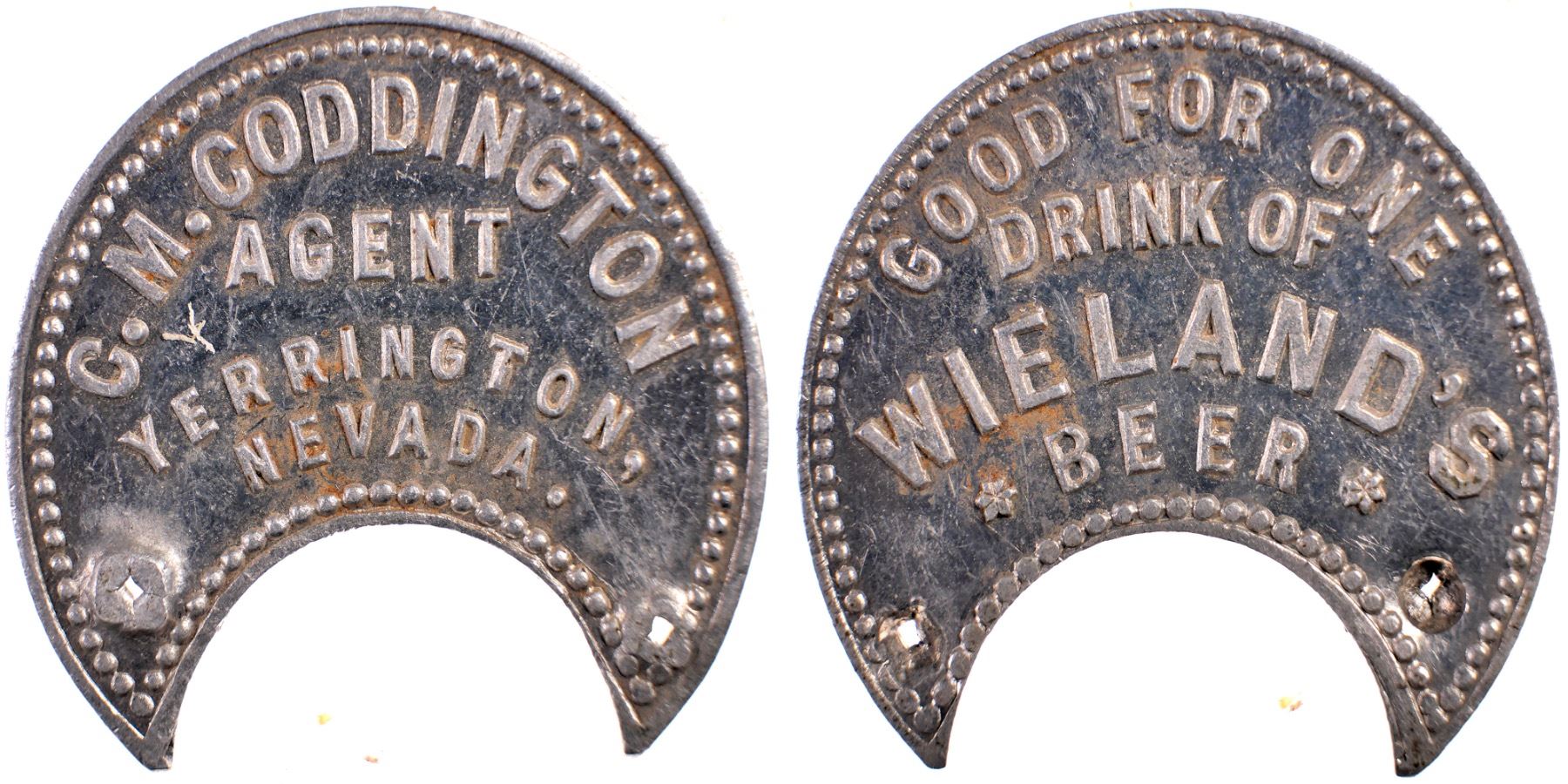 Lot 336: C.M. Coddington beer token, Yerington, Nevada