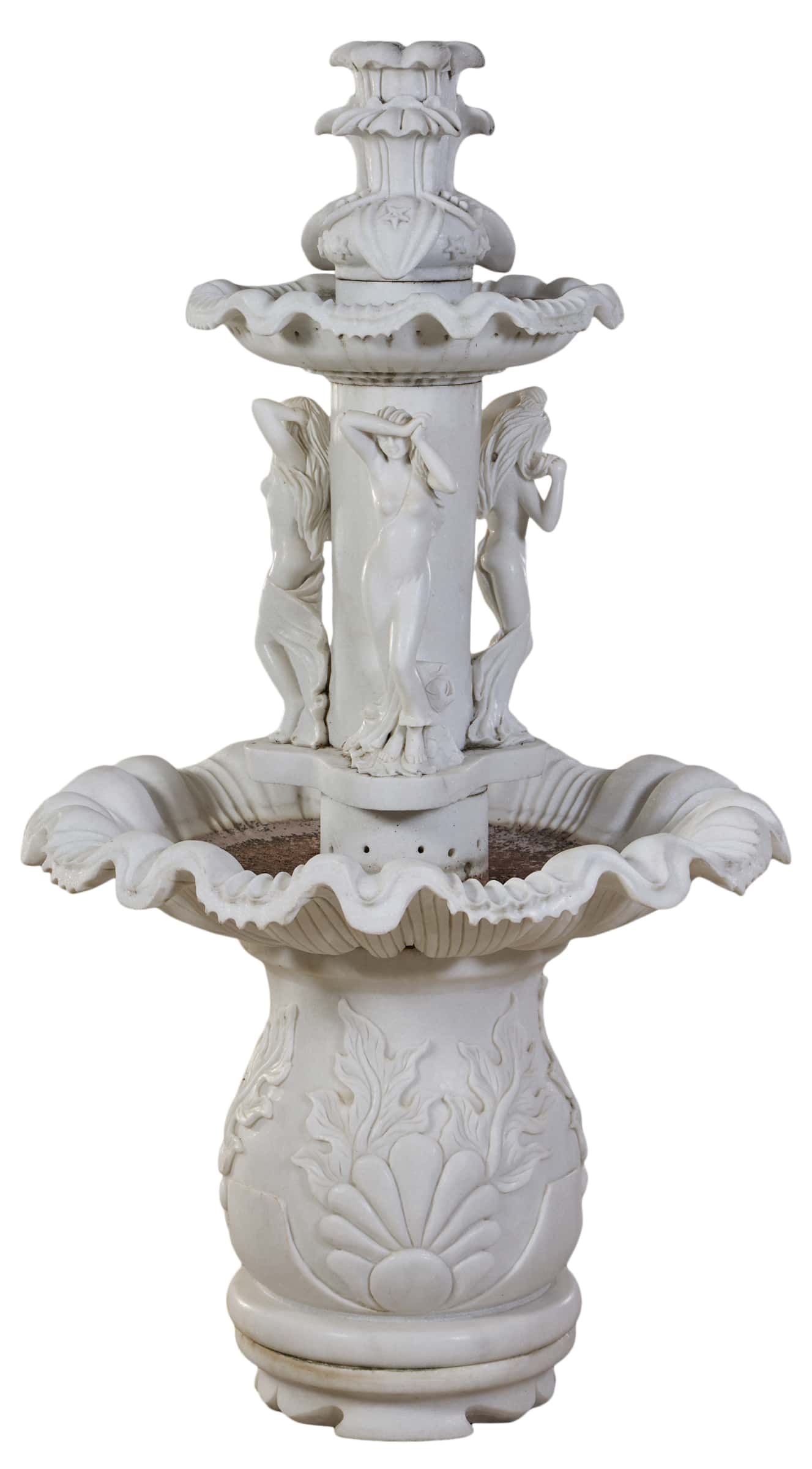 20th century three-tiered figural marble fountain, 65 inches tall