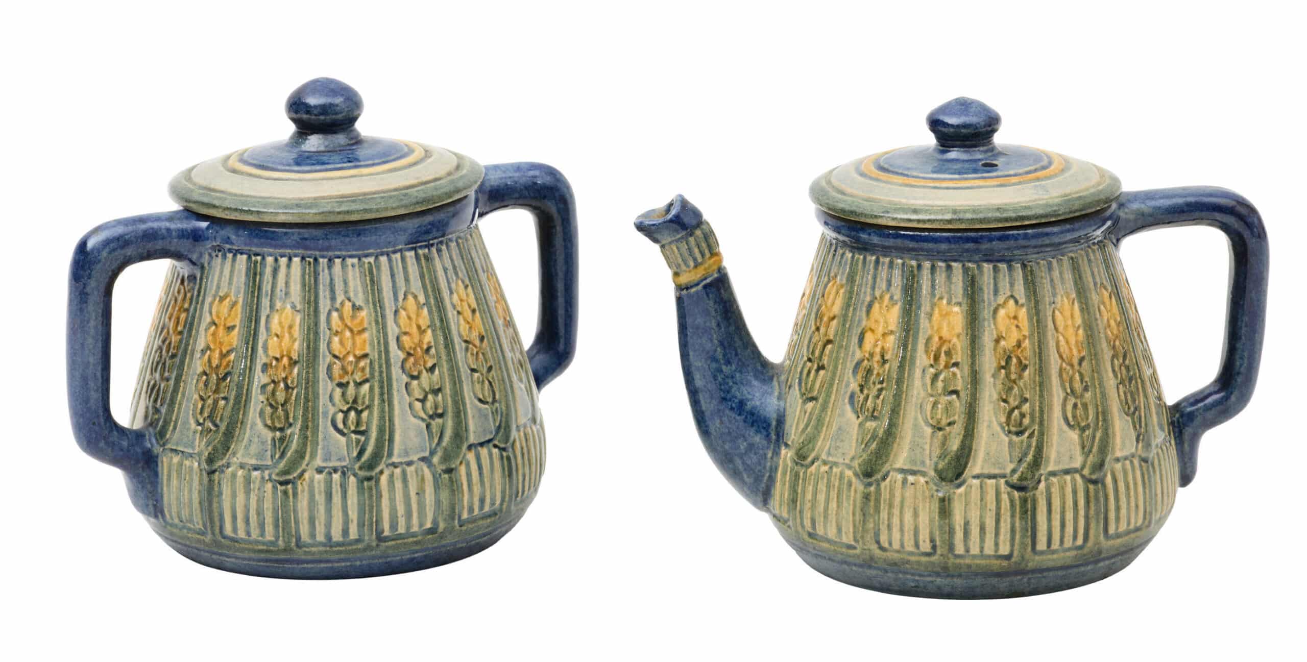 Newcomb College Pottery two-piece ceramic sugar and teapot set by Marie Levering Benson, 1907