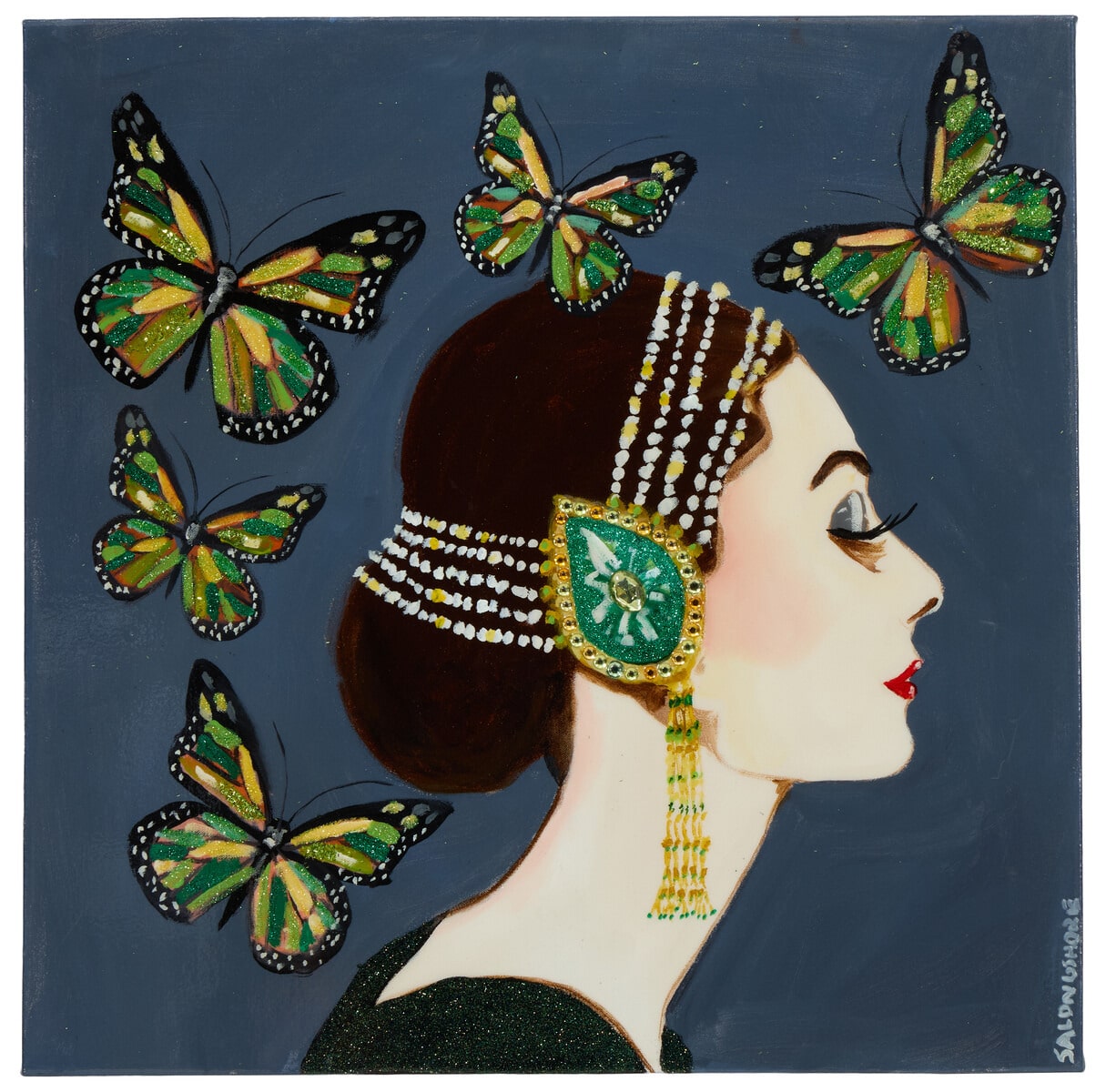 Sarah Ashley Longshore, Audrey Hepburn with Butterflies, acrylic and epoxy mixed media on canvas