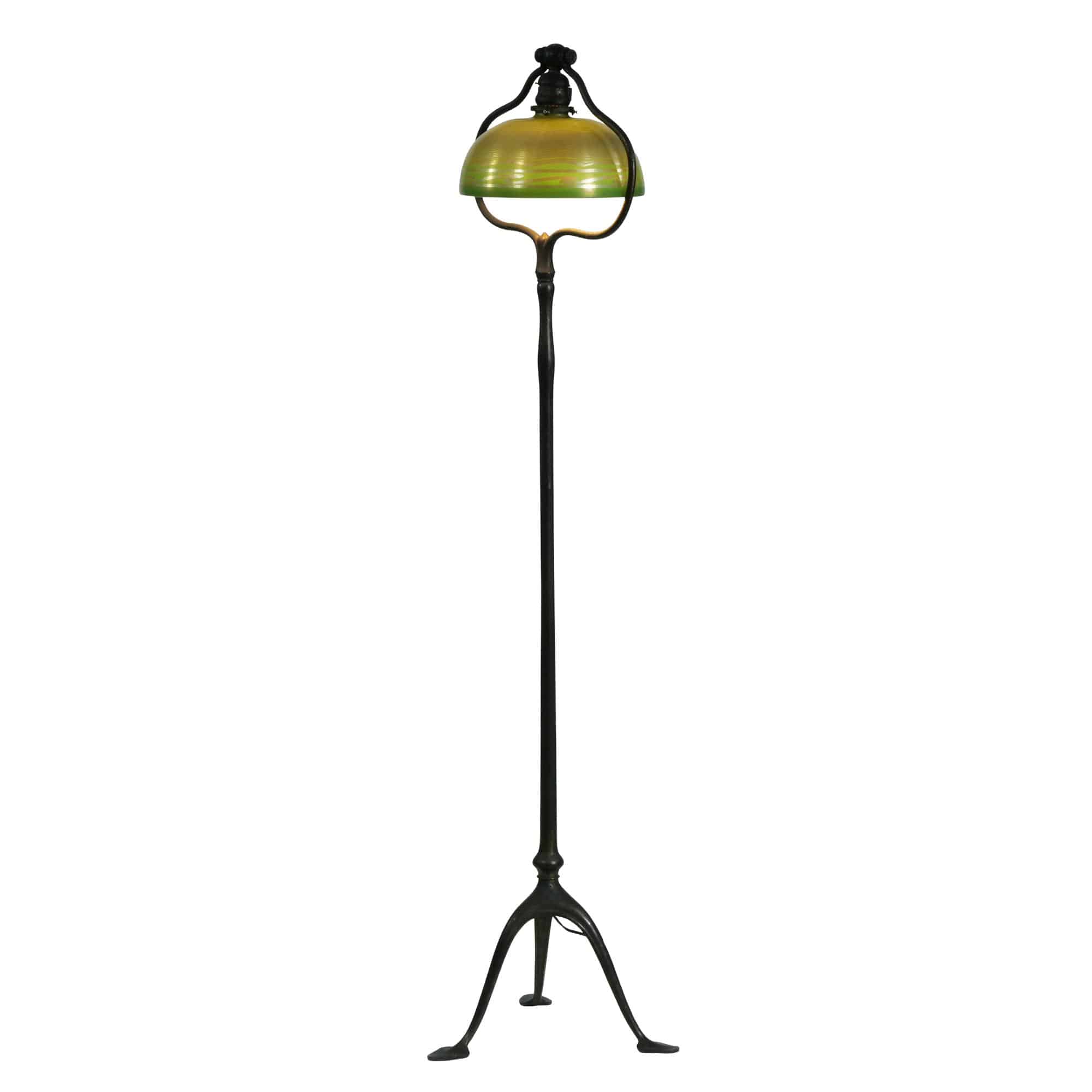 Tiffany Studios damascene favrile art glass lamp shade on bronze harp floor lamp base